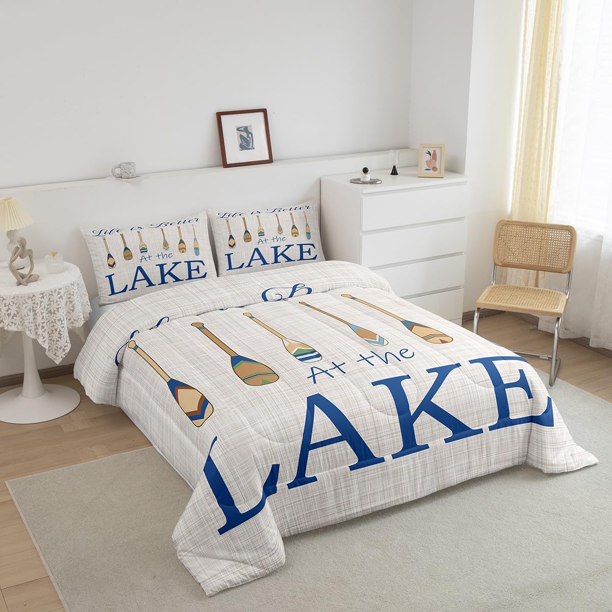 Castle Fairy Lake Life Comforter Set King Size,Cartoon Paddle Print Lake House Bedding Set All Season Quilt Set,Camping Cabin Boating Themed Rustic Microfiber Polyester Down Comforter