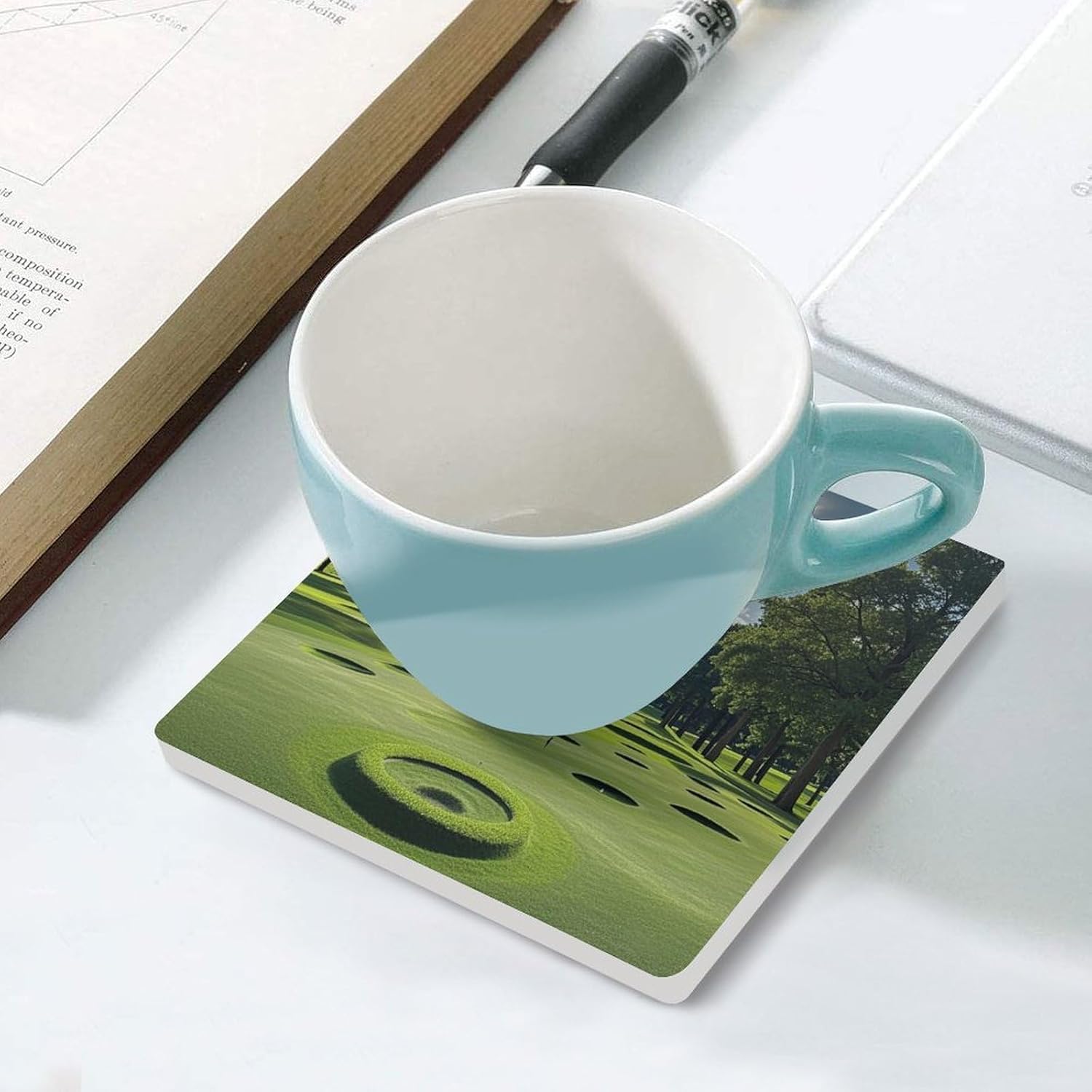 Golf Course Coasters Absorbent Ceramic Coasters for Drinks Coaster with Cork Backing for Table Protection Square Drink Cup Mat Modern Style Coaster for Coffee Table