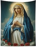 Vista 21 de HVEST Tapiz cristiano de la Virgen María y Jesucristo en el Paraíso para colgar en la pared, de Ángeles en el Cielo, para dormitorio, sala de estar