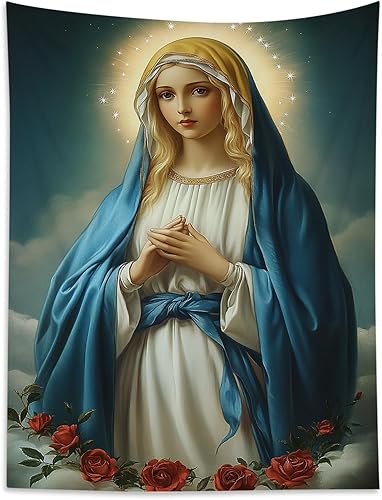 Miniatura 21 de HVEST Tapiz cristiano de la Virgen María y Jesucristo en el Paraíso para colgar en la pared, de Ángeles en el Cielo, para dormitorio, sala de estar