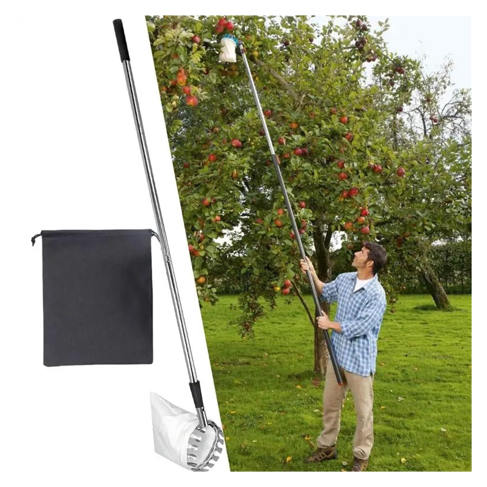 Leichter Baum-Erntehelfer, Obstpflücker, Teleskopgreifer, Greifer, rostfrei, silberfarben, for Eichel, Zitrone, Birne, Mango