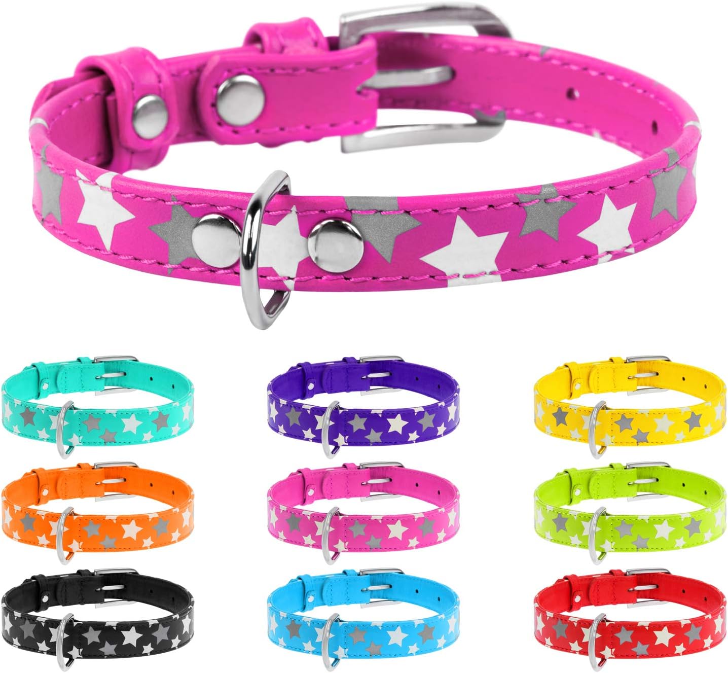 WAUDOG Reflective Leather Dog Collar - Durable Dog Collars for Small Medium Large Dogs Puppy - Red Blue Pink Purple Green Black Safety - Soft Padded - Stars Plus (X-Small 8 1/2"-9 4/5" Neck, Pink)