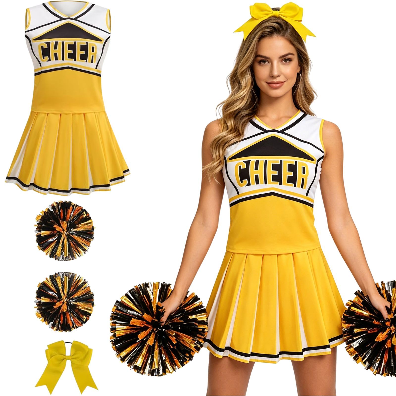 HAPNBCELE Womens Cheerleader Costume, Sleeveless Cheer Uniform with Pom Poms Cheerleading Outfit Halloween Sports Events (Yellow, S) — image 1