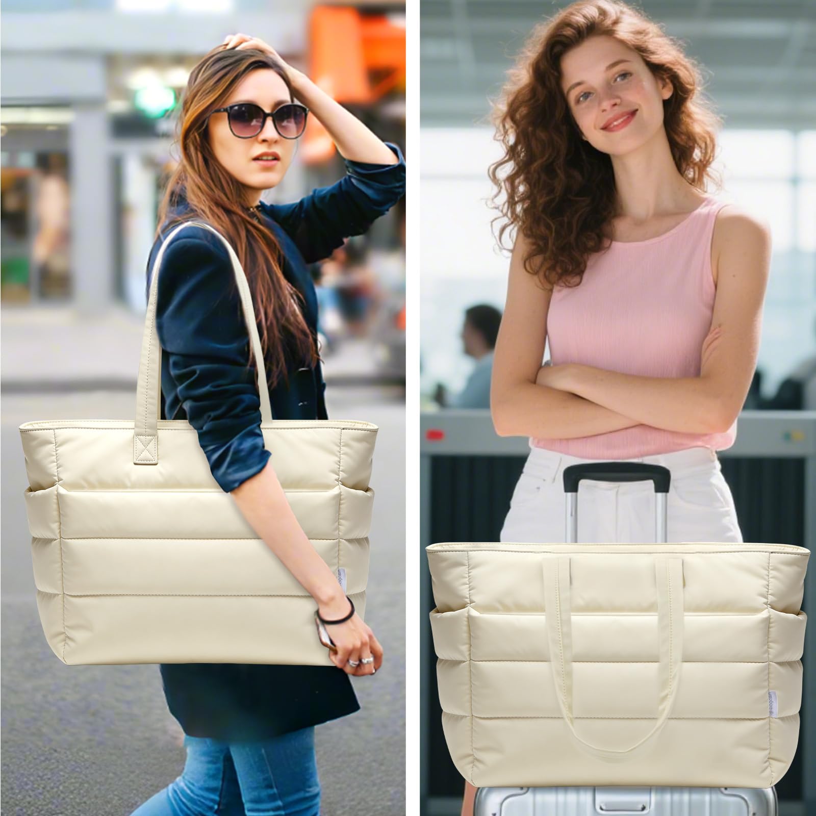bagasin Borsa Tote a Mano da Donna, Borsa a Tracolla da Viaggio a Grande Capacità per Laptop da Lavoro, con Scomparto, Multi-Tasca, Leggera, per Lavoro, Viaggi, Fitness, Nero & Beige