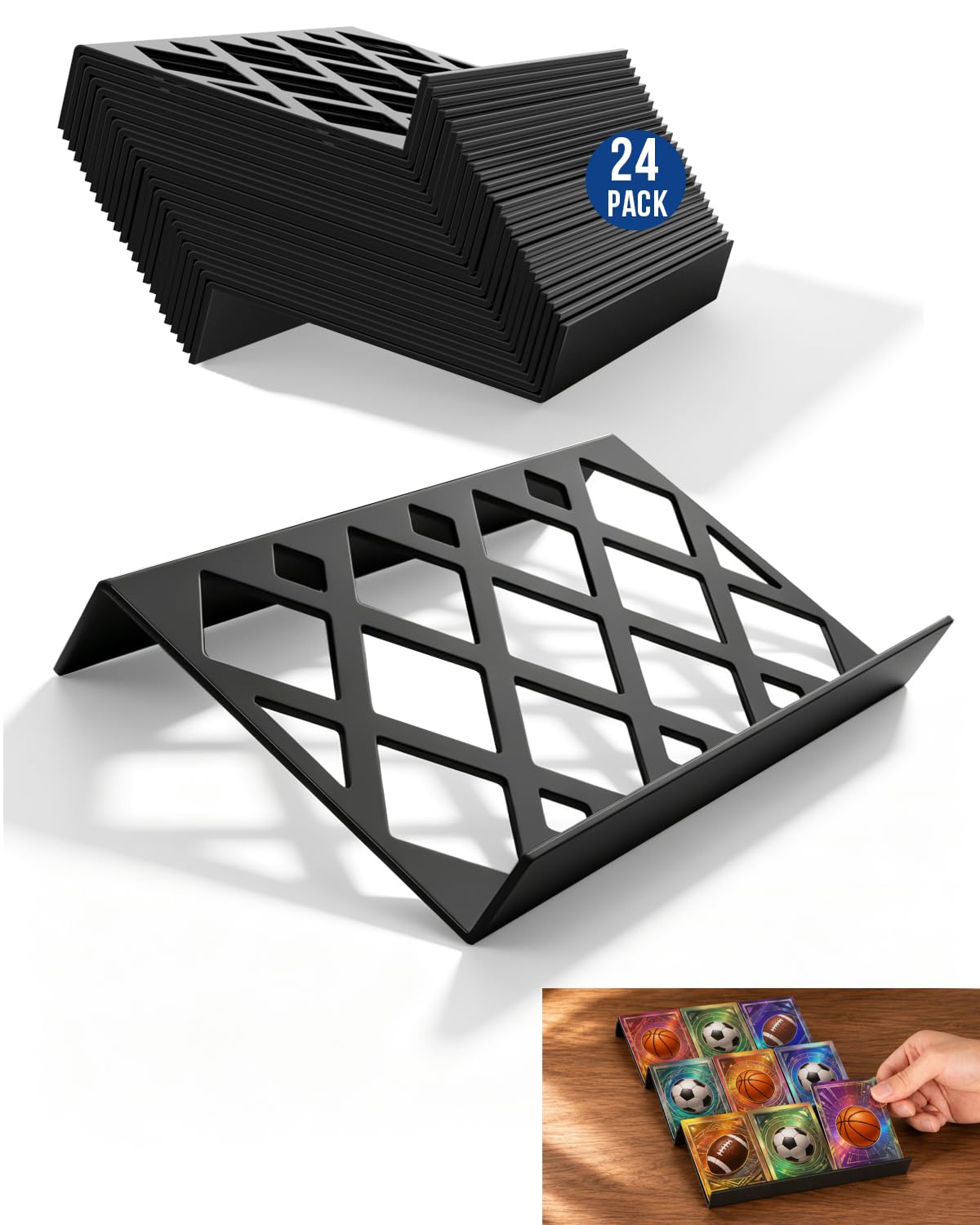 24 espositori per carte collezionabili, in acrilico nero, vassoi modulari per vetrine, espositori per carte e giochi da tavolo, 72 slot