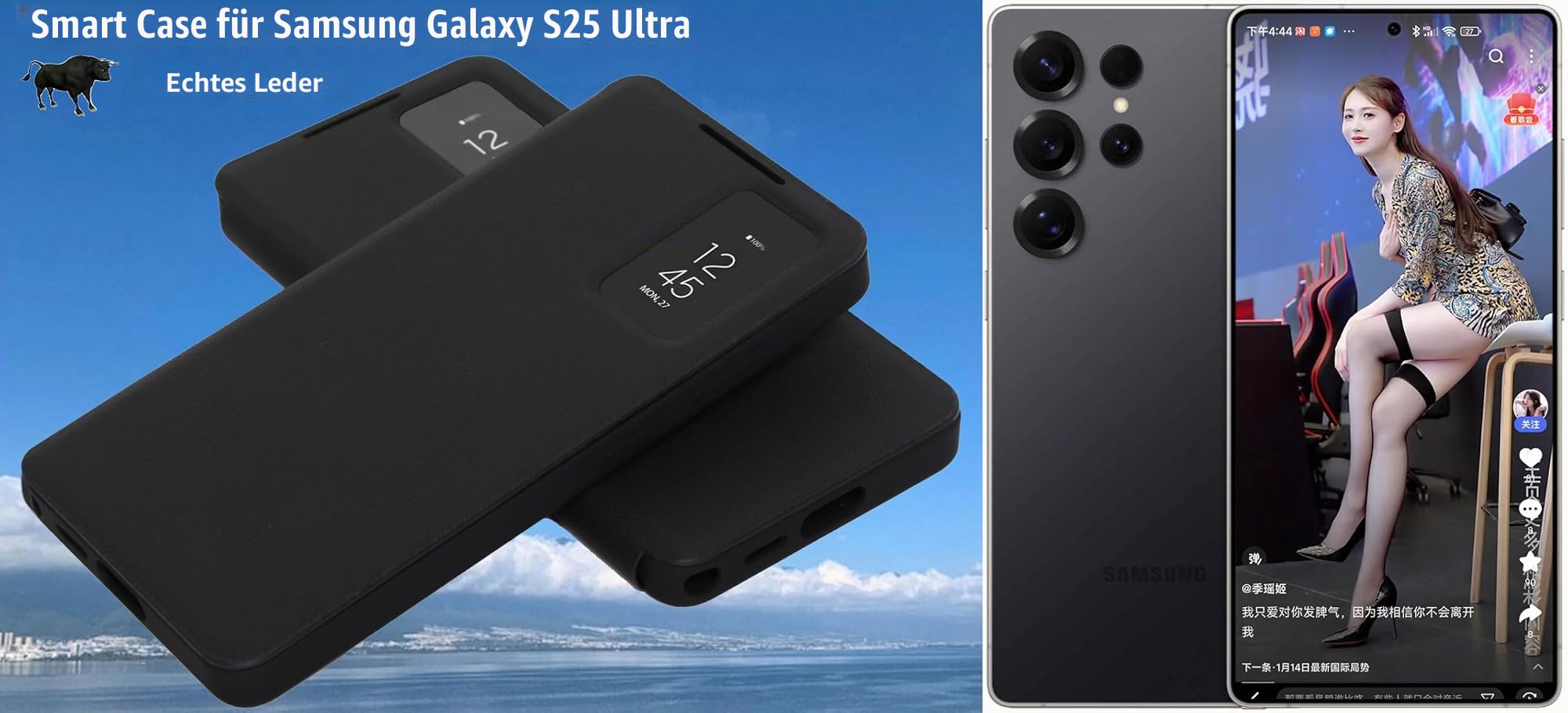 Smart View Leder Handyhülle für Samsung Galaxy S25 Ultra. Automatischer Schlaf/Wach, Smartphone-Hülle, Intelligente Echtleder Handy Case für Samsung S 25 Ultra