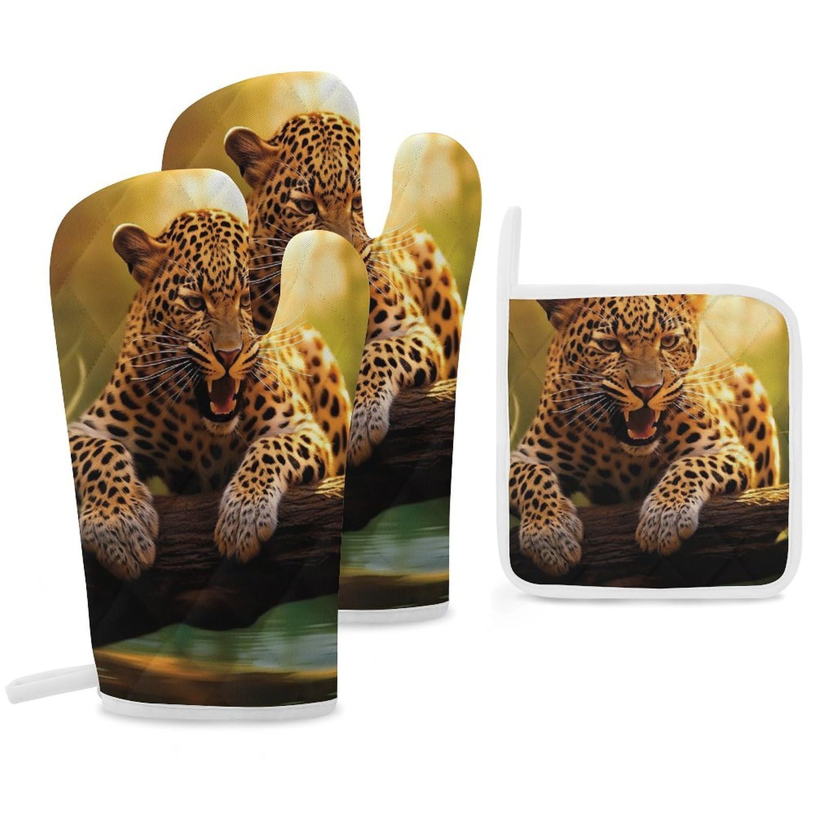 Oven Mitts And Pot Holders Sets of 3 Heat Resistant BBQ Gloves Funny Leopard Oven Mitts Gloves Non-Slip Kitchen Mittens Potholders for Cooking Baking Grilling BBQ Microwave