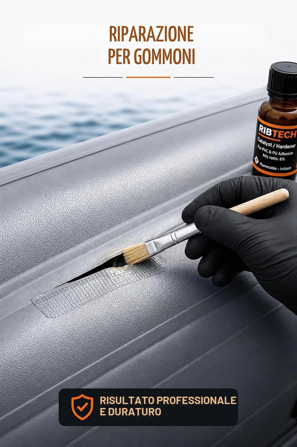 Kit di riparazione professionale in PVC, colla PVC 2 componenti per Zodiac, Paddle Surf, Kayak e gonfiabili, include toppe, pennello, bicchiere, guanti e salvietta (125 ml)