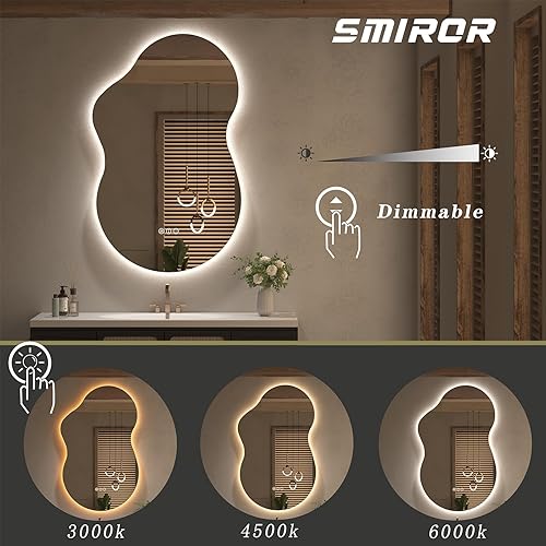 Miniatura 5 de SMIROR Espejo de baño asimétrico retroiluminado con luces de 24 x 36 pulgadas, espejo de tocador con luz LED de nube irregular para pared,