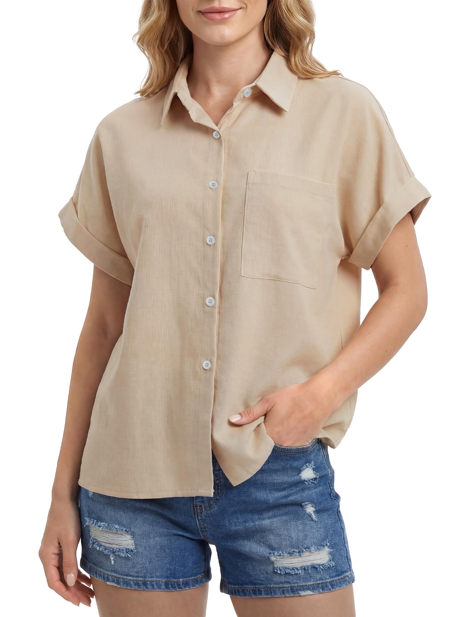 Enmain Camisa Lino Mujer Manga Corta Verano Camisas Blusa de Lino y Algodón de Botones Cuello en V Color Liso Casual Shirt Mujer Elegante Cómoda para Playa Trabajo