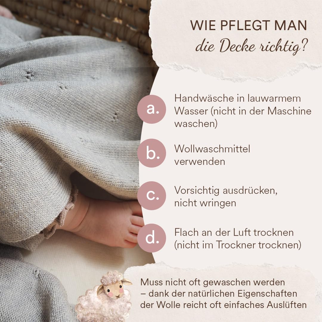 MayLily Babydecke merinowolle 80x100 cm – 100% Merino Wolle – Hergestellt in EU – Handgefertigt – Hypoallergen – Temperaturregulierend für Sommer und Winter – Leicht und transportfreundlich – Blau