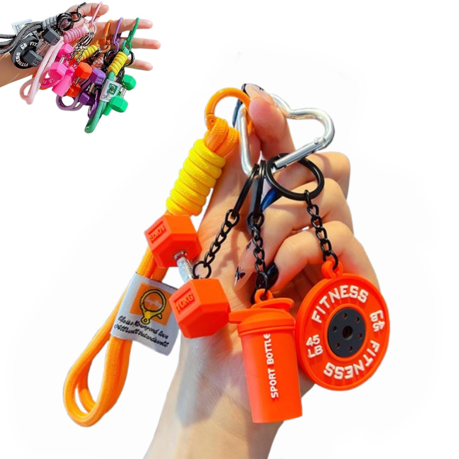 Creative Mini Gym Barbell Plate Keychain, Kettlebell Dumbbell Keychain set Silicone keyring, Pocket Motivator for Workout Enthusiasts (Orange)
