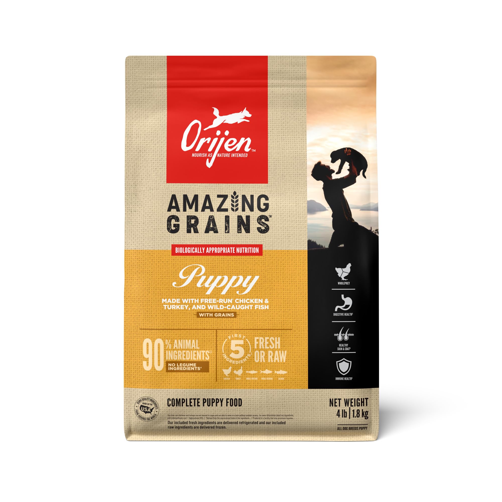 ORIJEN Amazing Grains High Protein Dry Dog Food Puppy Recipe 4lb Bag
