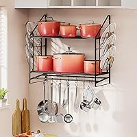 Pantasia 28-Inch 2-Tier Wall Mounted Pot Rack with 12 Hooks & 6 Lid Holders - Heavy Duty 100lb Kitchen Organizer, Black