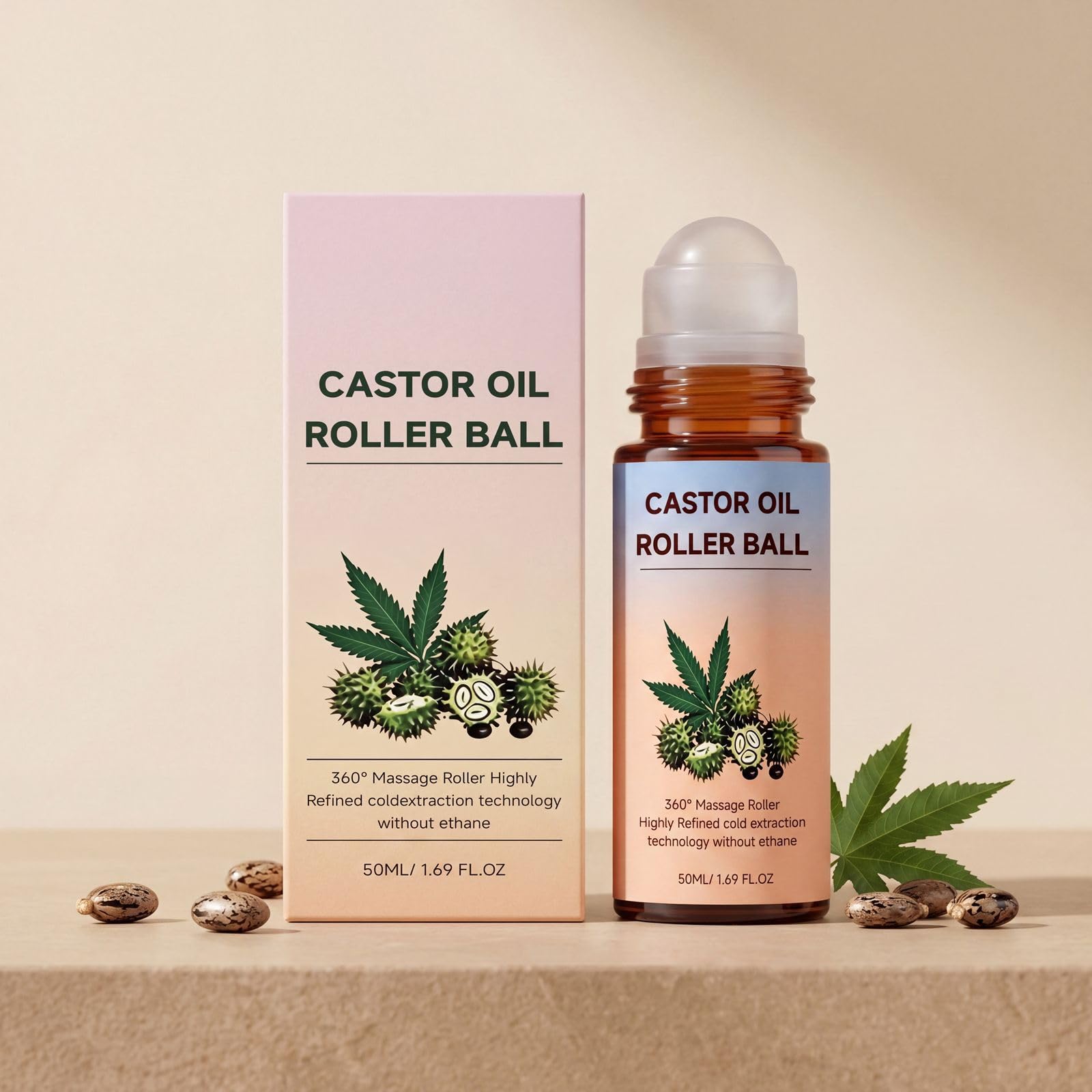 Olio di ricino con rullo al quarzo rosa, olio di ricino biologico, roll-on, bottiglia di vetro ambrato, ammorbidisce la pelle del viso, idratazione profonda, ammorbidente pancia, viso e corpo, 50 ml