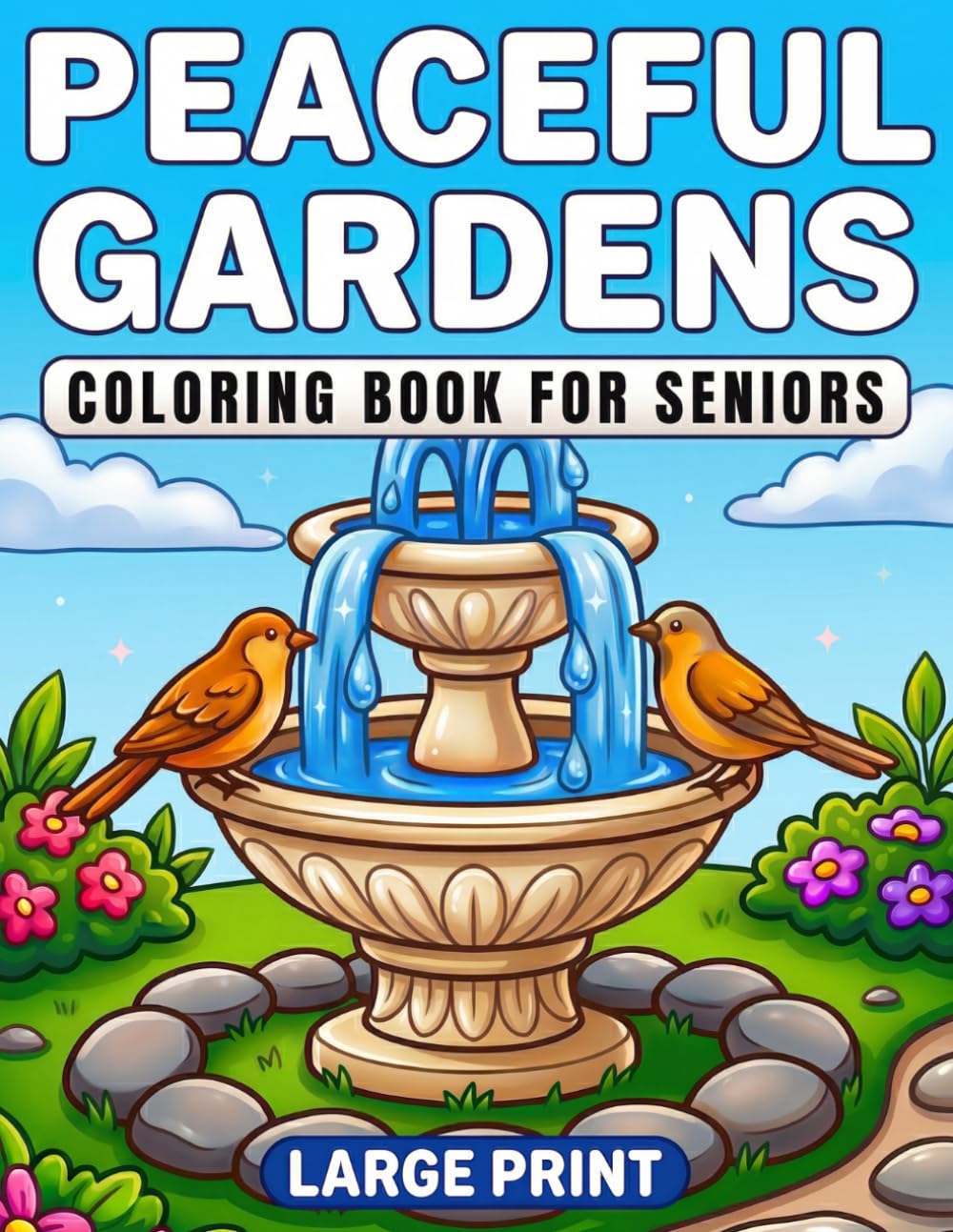 PEACEFUL GARDENS COLORING BOOK FOR SENIORS LARGE PRINT: 40 Big and Bold Outdoor Scenes with Easy-to-Color Flowers, Birds, Benches, and Cozy Quiet Moments for Calm, Mindfulness and Relaxation