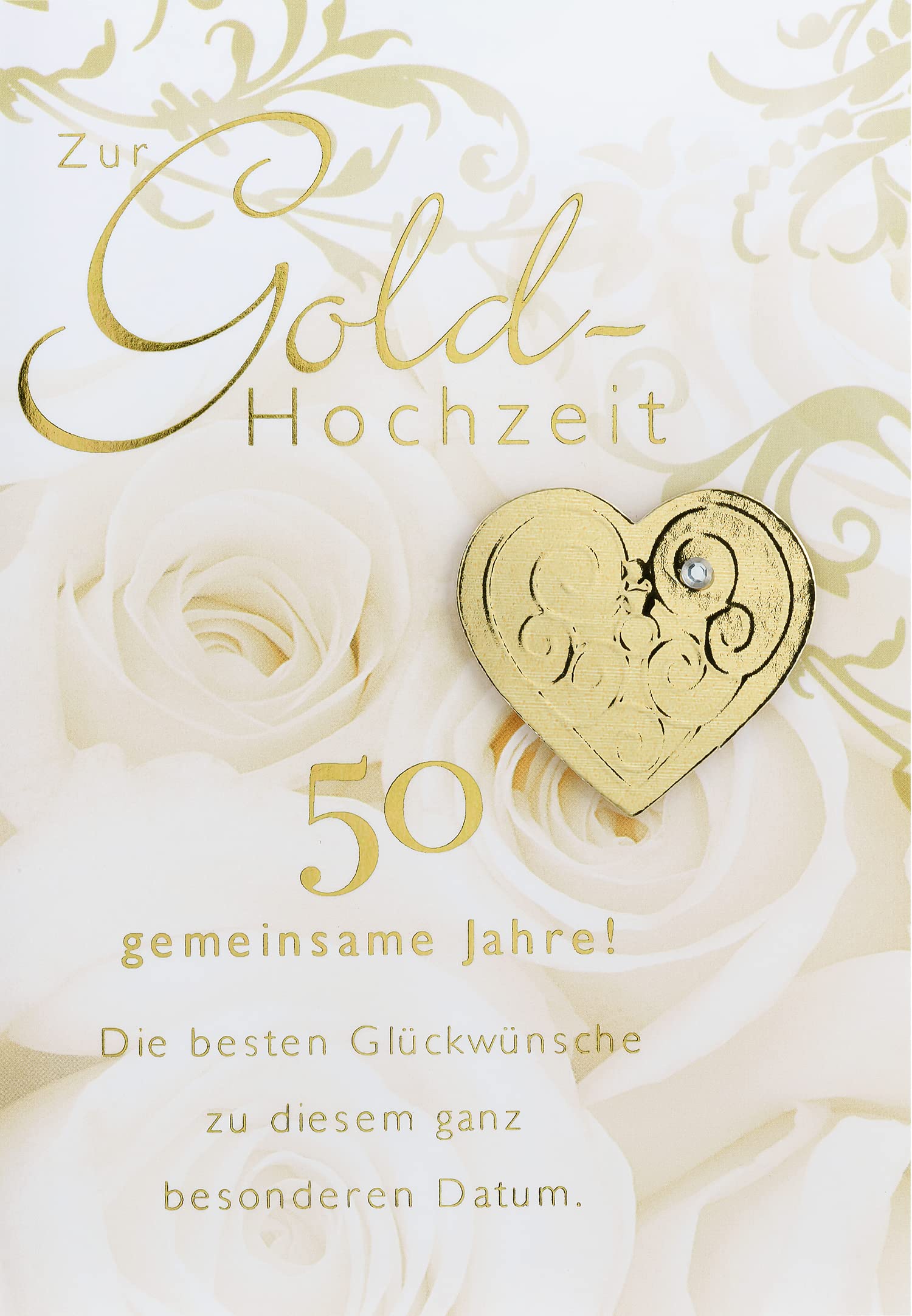 Perleberg - Gold Anniversary Card with Gold Heart Appliqué - Congratulations on the Golden Wedding Anniversary with Envelope - Card in 11.6 x 16.6 cm
