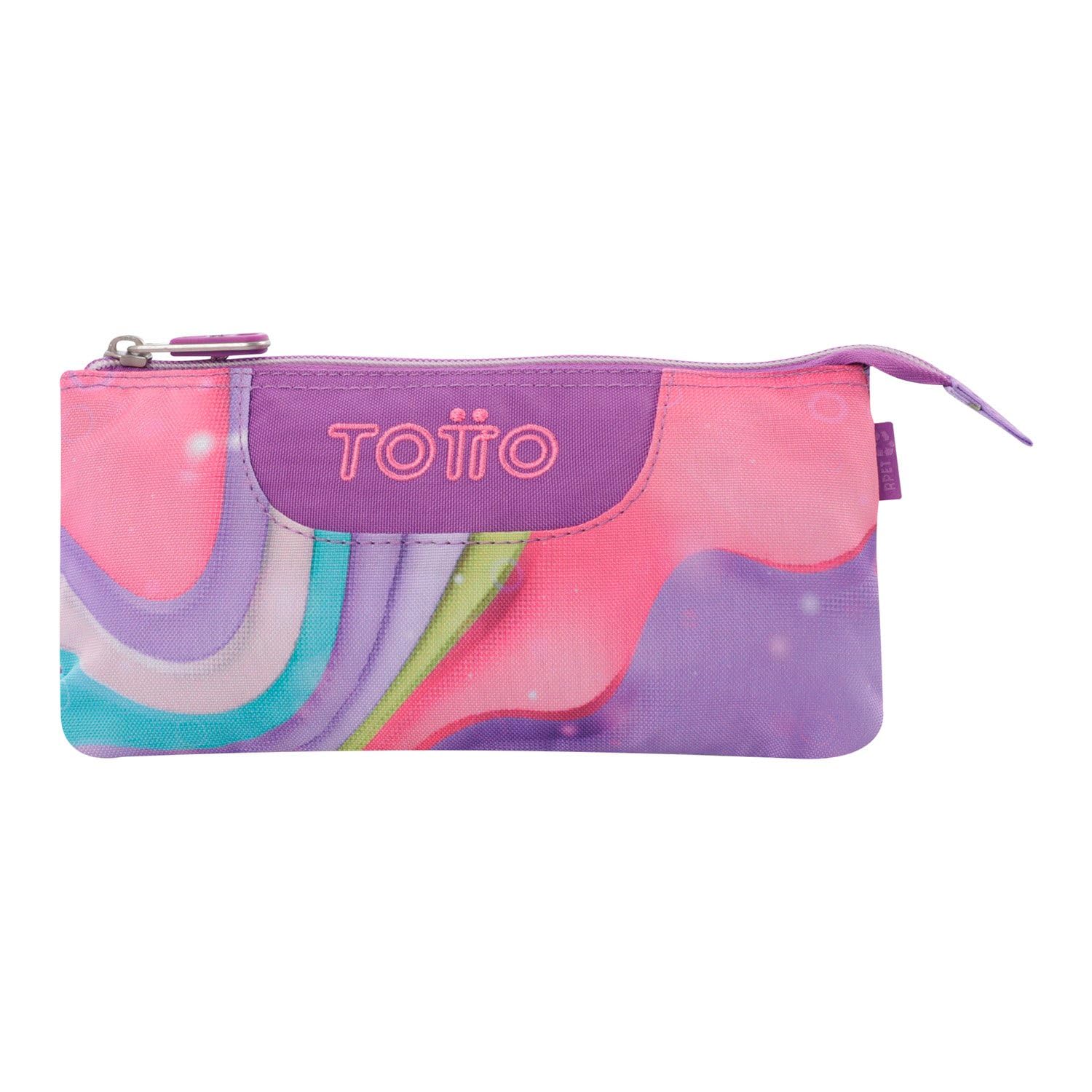 TOTTO - Estuche Escolar 3 Compartimentos, Modelo Tablero, Estuche Grande, Dimensiones 22 x 11 x 3.5 cm, Una Cremallera, Tejido Resistente y Repelente a Líquidos, Estampado Ferri Morado