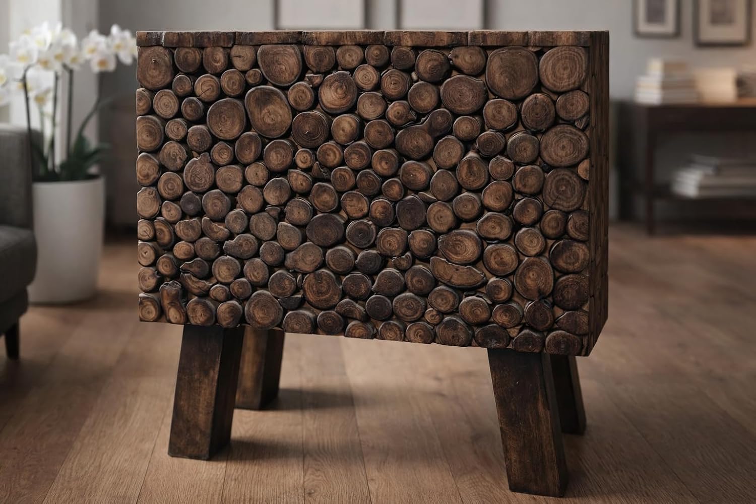 Rustic Wood Log Slice Furniture, Natural Brown, Handcrafted Decorative Storage Cabinet with Legs-image-45