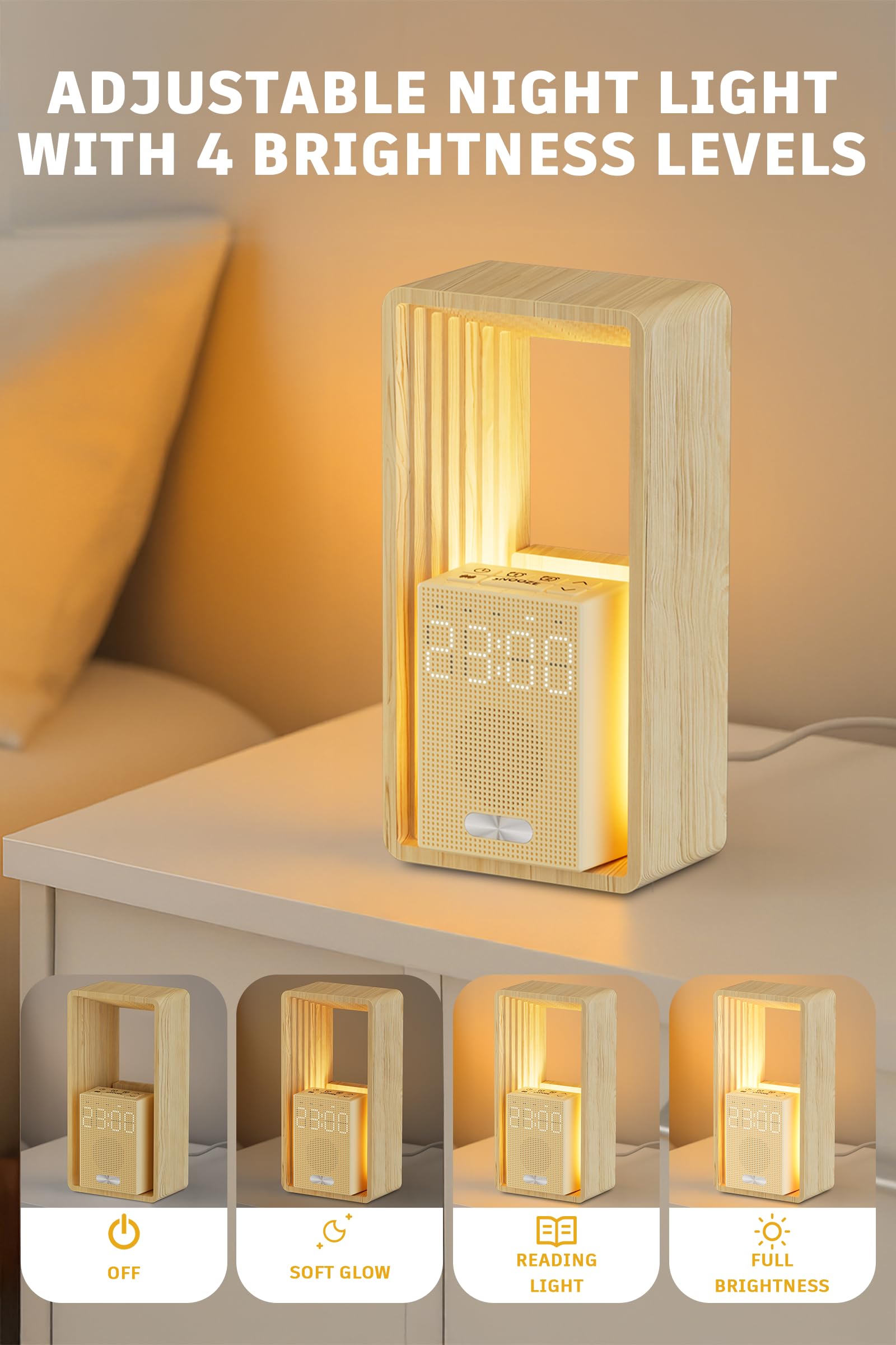 Nachttischlampe mit USB-Ladeanschluss & Uhr, Dual-Alarm mit Aufwachlicht & Schlummerfunktion - 9 Schlafgeräusche Nachtlicht, Timer & Dimmbares Display Nachttischleuchten für Schlafzimmer, Deko