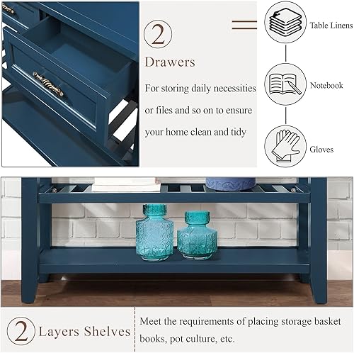 Miniatura 4 de Mesa de sofá consola estilo mediados de siglo con 2 cajones de almacenamiento y estantes de 2 niveles, aparador de madera maciza de 42 pulgadas para