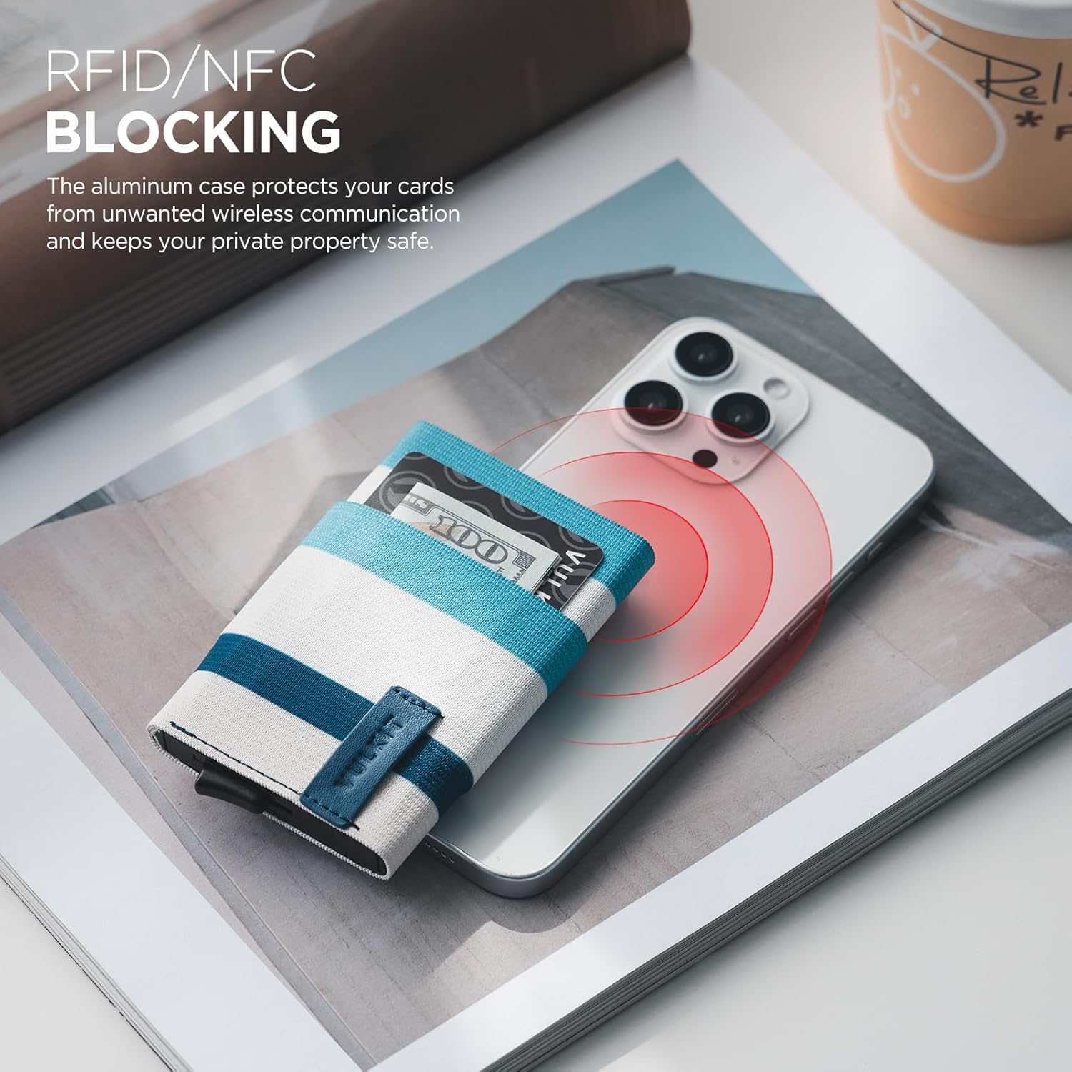 VULKIT Pop up Wallet for Women with Keychain, RFID Blocking Minimalist Slim Credit Card Holder for Gift Stripe Blue White - Image 7