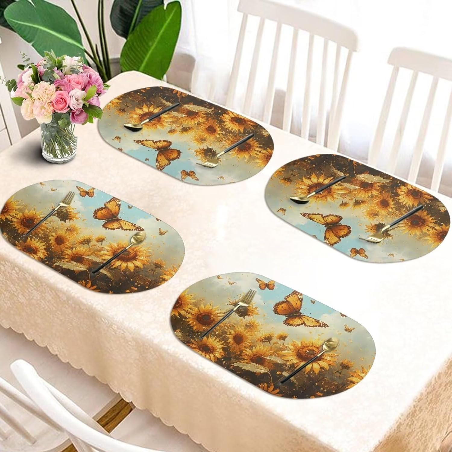 Leather Placemats Set of 6, Scratch Proof Thick Dining Table Place Mats Kitchen Heat Insulation Place Mats,Sunflower Butterfly