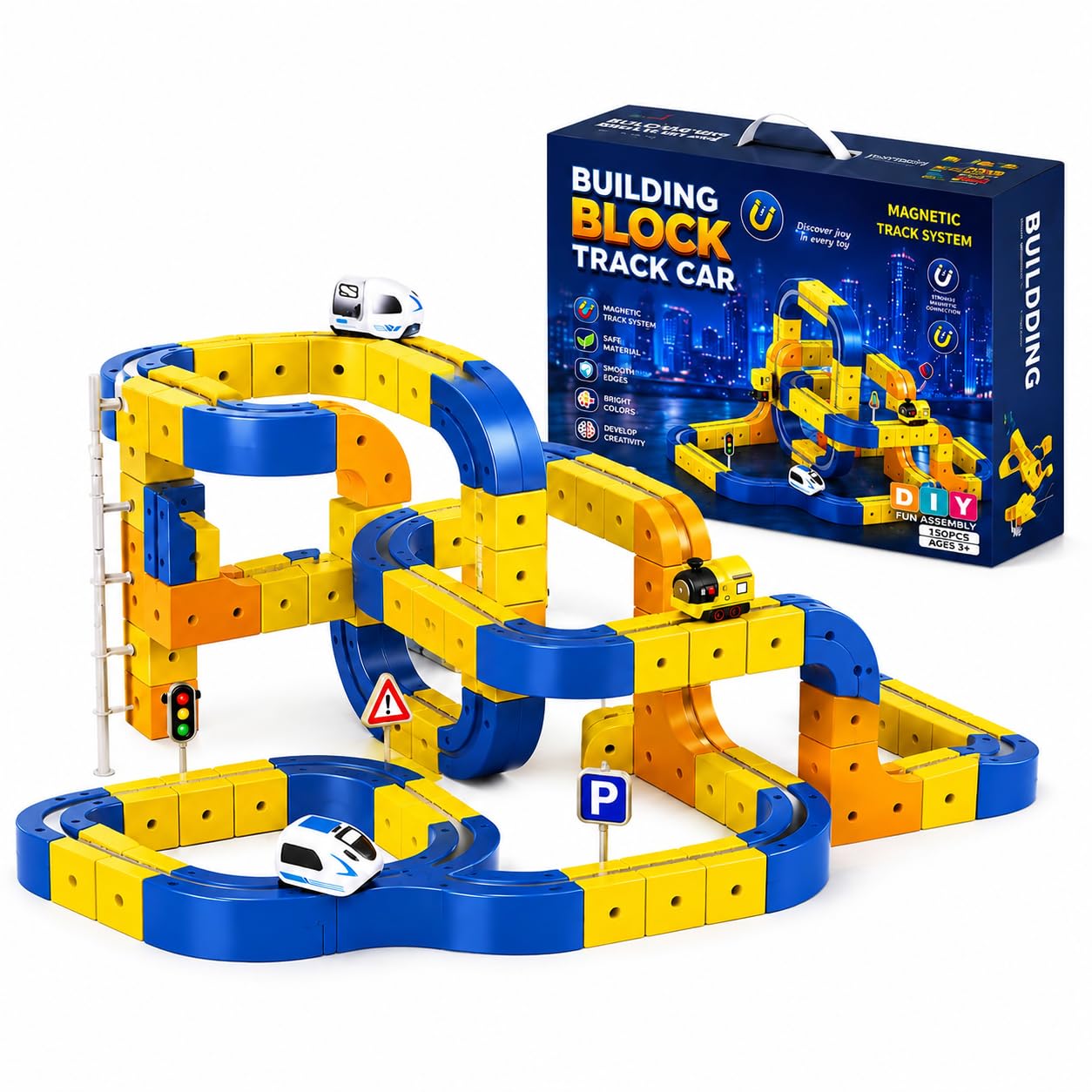 150 PCS Magnetic Building Block Track Car Set for Kids 3+ | DIY Construction Race Toy with Blocks & Electric Cars STEM Learning Educational Gift Boys Girls-image-27