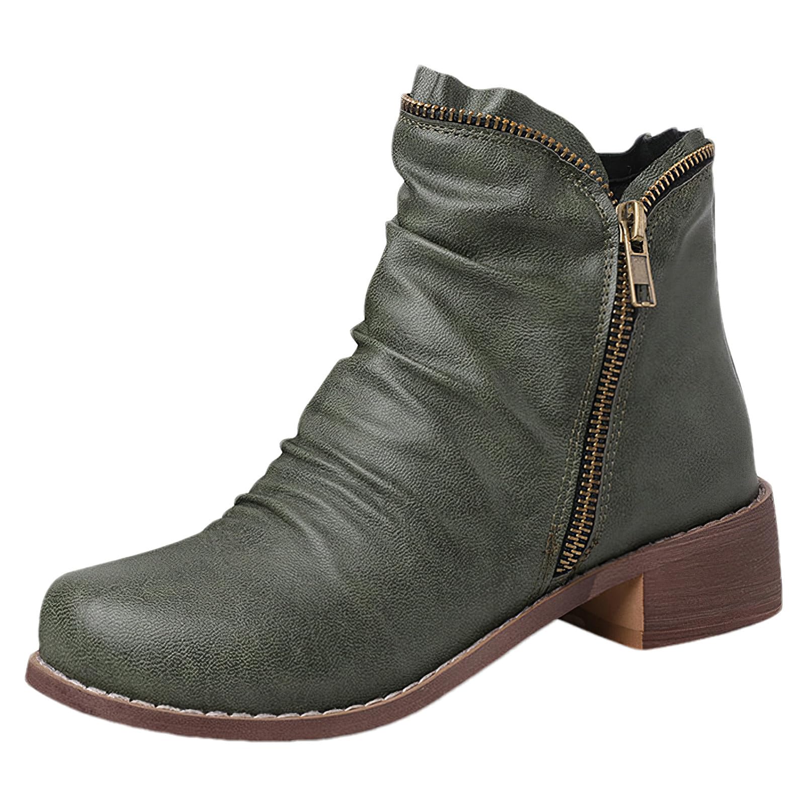 rismart Womens Ankle Boots Low Chunky Heel Wide Calf Short Bootie with Side Zip