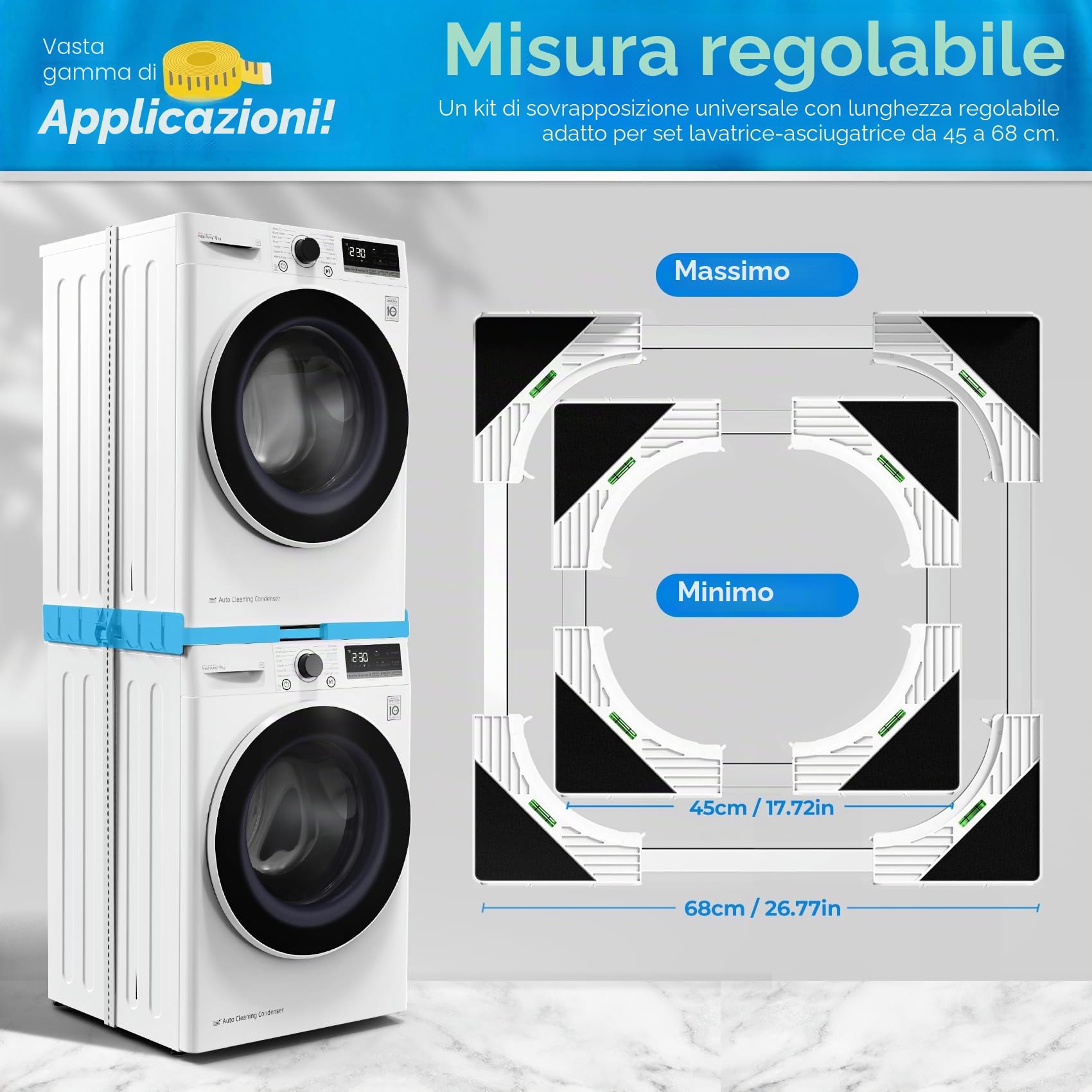 Slimline Kit Impilabile Universale per Lavatrice e Asciugatrice | Telaio Universale per Elettrodomestici da 45-68 cm, con Cinghie a Cricchetto, Cuscinetti Antiscivolo e 4 Ganci Salvaspazio
