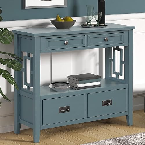 Mesa consola de granja con 4 cajones y estante de almacenamiento, mesa de entrada de madera, sofá, aparador para sala de estar, cocina, comedor,