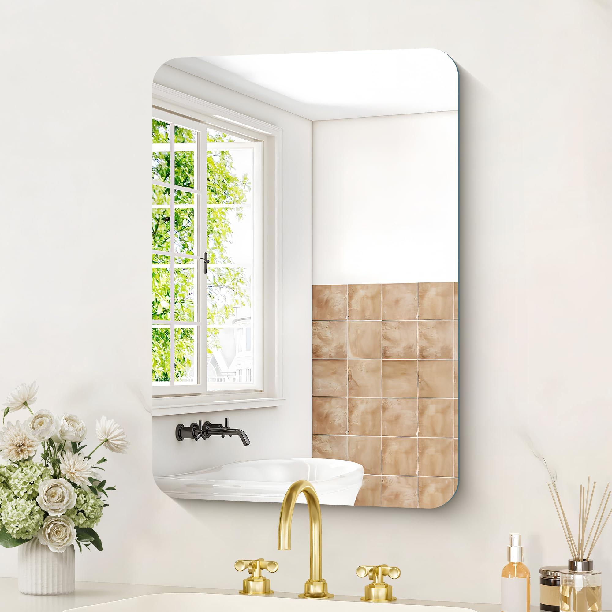 KOCUUY Espejo de baño Rectangular sin Marco, Espejo de Pared de 40 x 60 cm, Espejo con Cristal irrompible, reflexión HD, Esquinas Redondeadas,Adecuado para baños, dormitorios o vestidores.