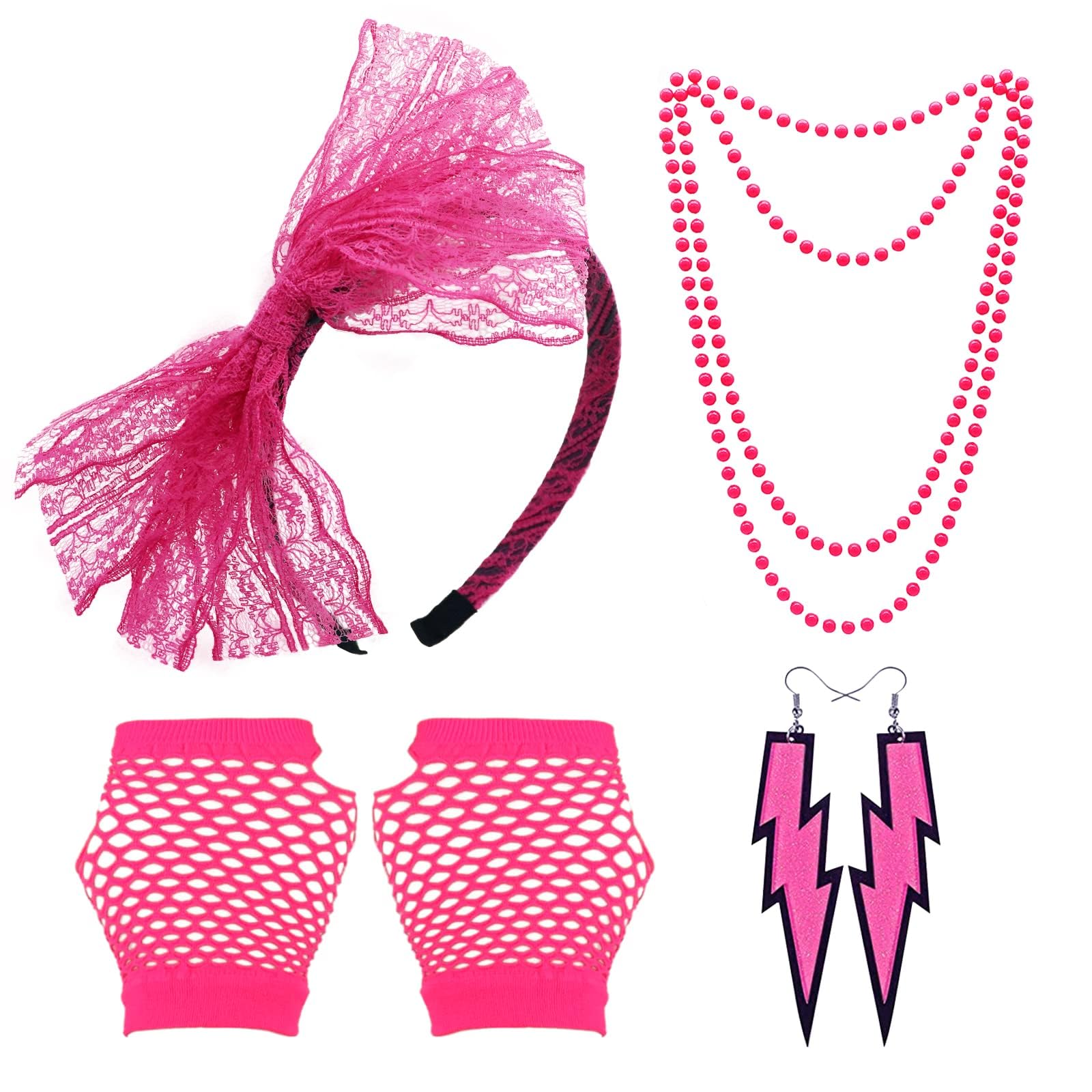 Grantop 80s Fancy Dress Costume Accessories for Women 1980s Fancy Party Costume Set including Lace Headband Earrings Necklace Fishnet Glove
