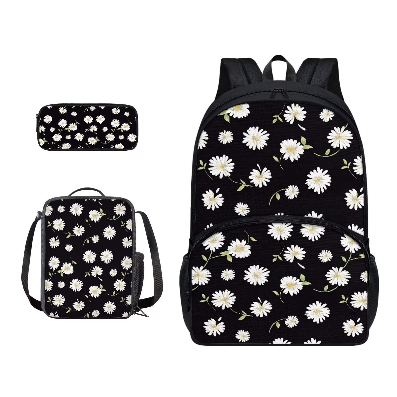 Poceacles Schultasche und Lunchbox-Set für Teenager, Jungen, Grundschule, Büchertasche, Federmäppchen für Grundschulkinder, Weißer Gänseblümchen, Einheitsgröße