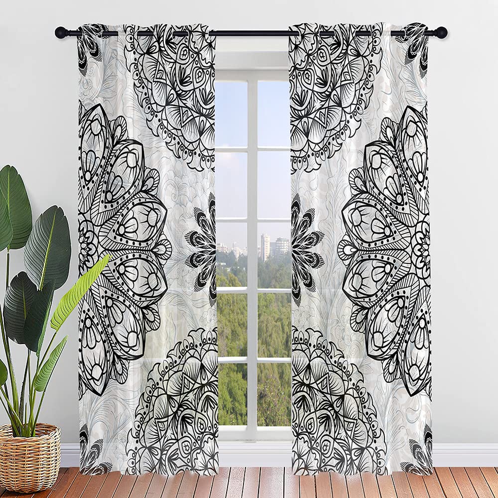 Surwin Translucidas Cortinas Salon, Dormitorio, Cocina - Cortinas y Visillos Estampadas de Mandalas 3D, Visillos Cortos para Ventanas, 2 Piezas Cortina con Ojales (140x160cm,Negro Blanco)