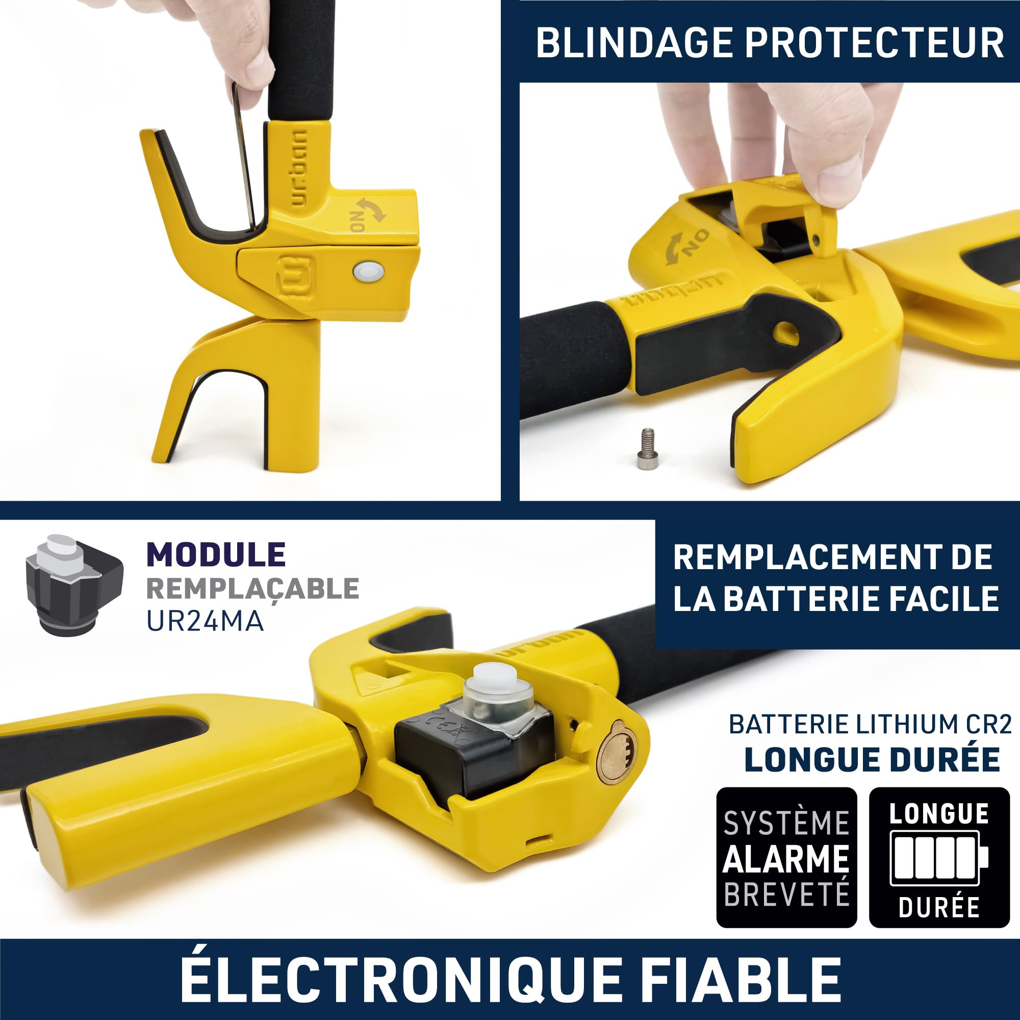 URBAN UR978Y Antivol Voiture Double Sécurité | Canne Antivol Voiture + Alarme Hi-Tech 120dB LED Warning | Sûr, Dissuassif, Résisté Tentative Vol | Bloque Volant Breveté, Barre Bloc Auto Universelle