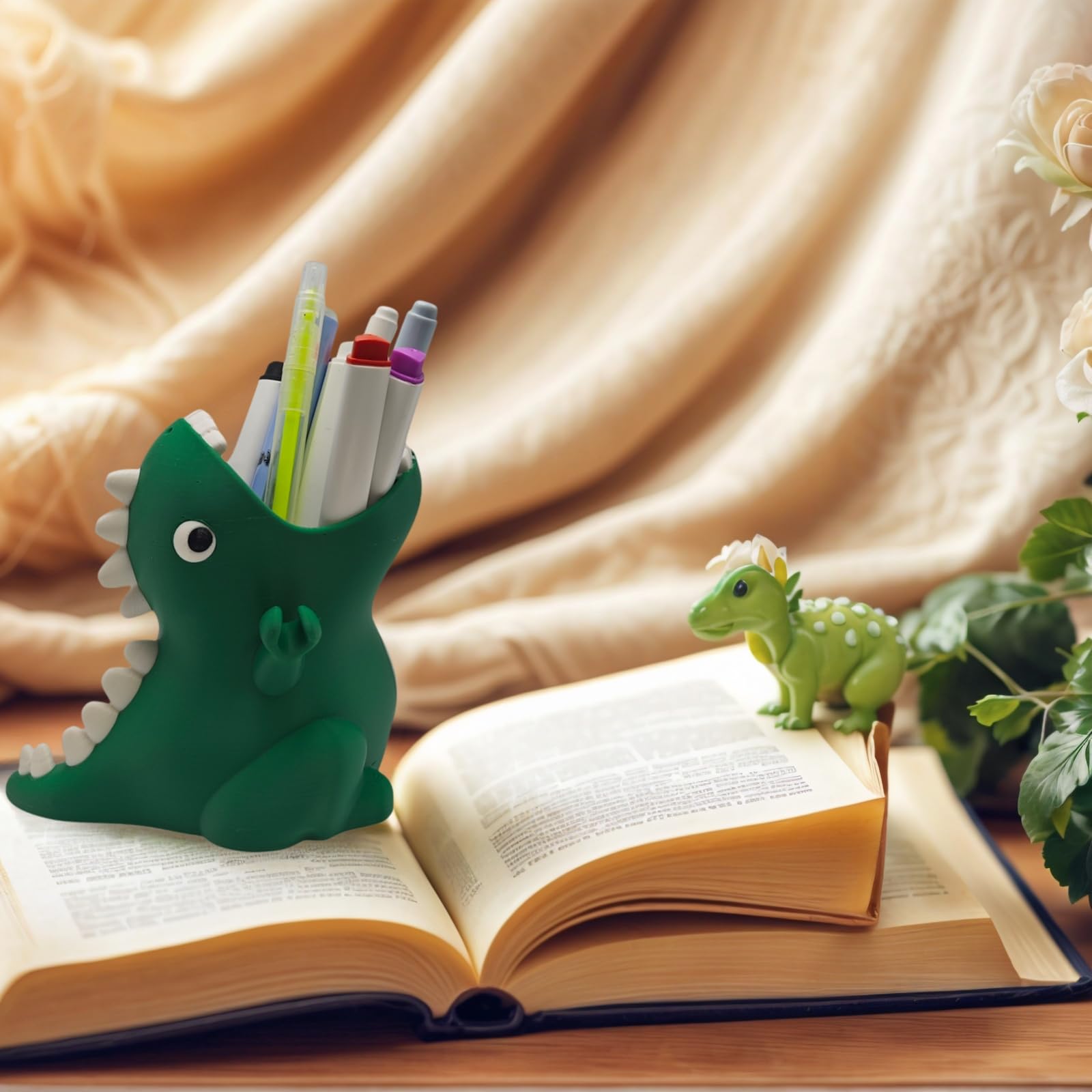 TIME&TRAVE Bonito soporte para bolígrafos de dinosaurio para escritorio, organizador de escritorio creativo, suministros de oficina, decoración de regalo para mujeres y niños