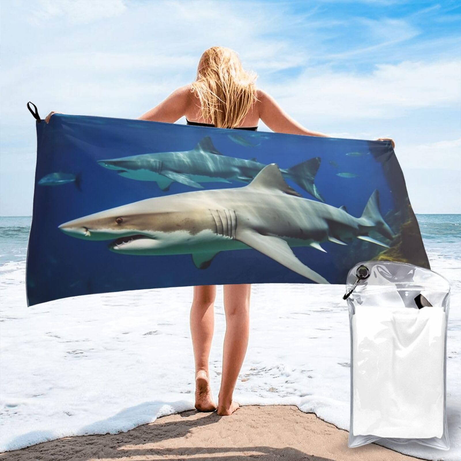 DWVTSLH Microfiber Sand Free Beach Towel 31.5"x63", Quick Dry Absorbent Travel Towel Large Camping Blanket, Two White Sharks Bath Towels Lightweight Pool Swim Towels for Vacation Essentials