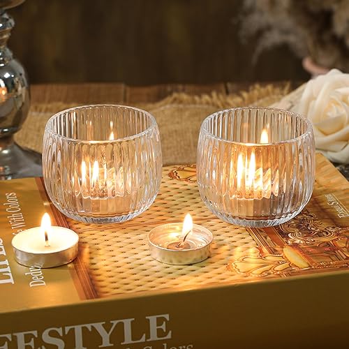 Miniatura 6 de Juego de 6 portavelas votivas de vidrio acanalado, portavelas de vidrio transparente para velas cónicas, elegantes centros de mesa para bodas,