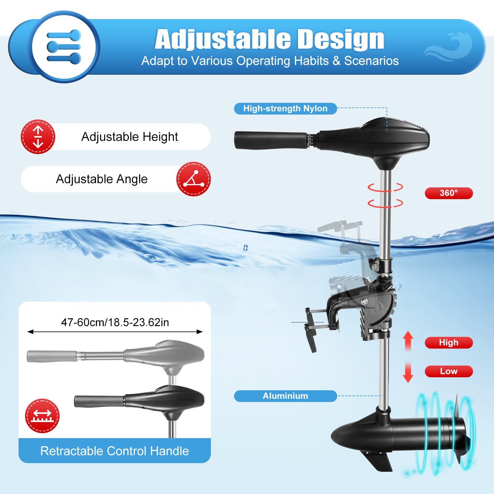 Motor eléctrico para barco, 58 LBS 12 V, motor fueraborda, motor fueraborda, motor de barco de pesca, 5 marchas hacia adelante y 3 marcha atrás