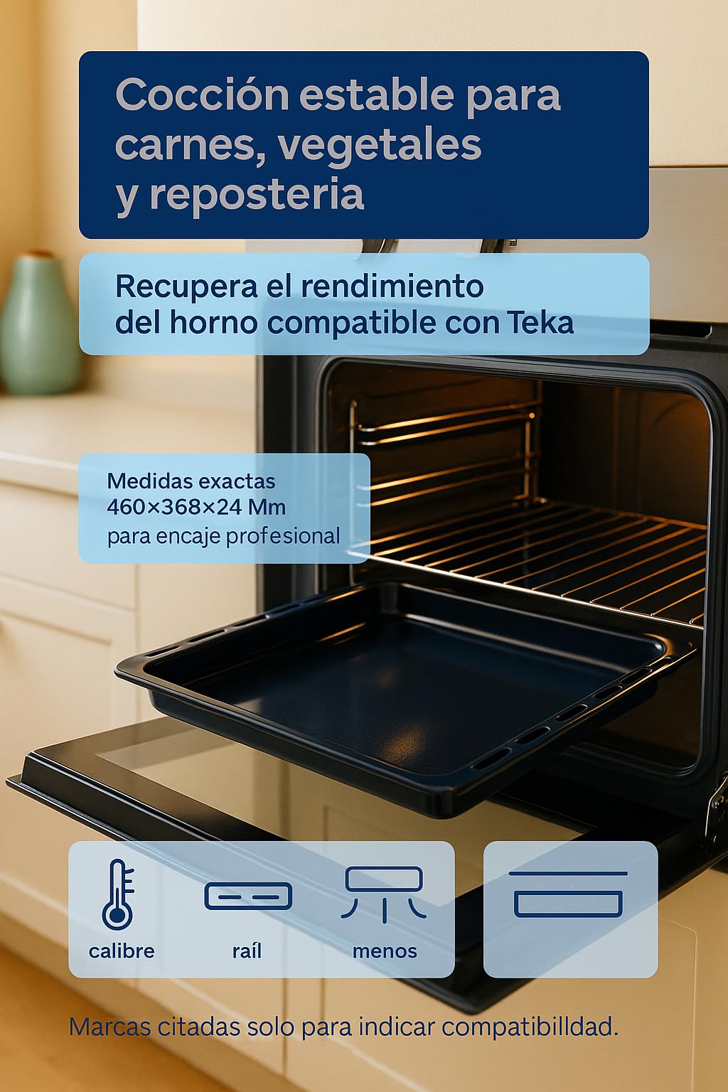RECAMBIOS DREYMA Bandeja De Horno Esmaltada 460x368x24 mm Compatible con Teka 82405901 Guías Laterales HI435ME HE720ME HC490ME Apta Para Contacto Alimentario Negro Vitrificado Alta Resistencia