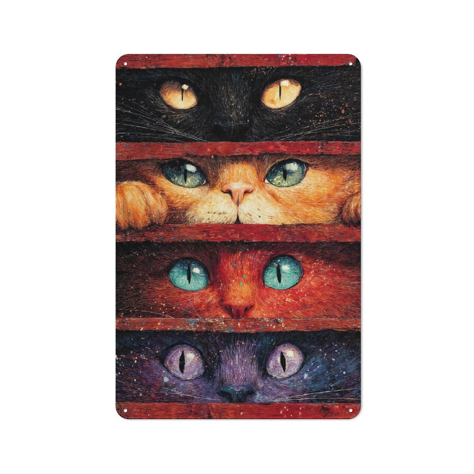 Vintage Curious Cats Peeking Through Slats Metal Plaque 30x20cm, Kitchen Wall Decor for Restaurant, Kitchen, Counter Or Breakfast Nook