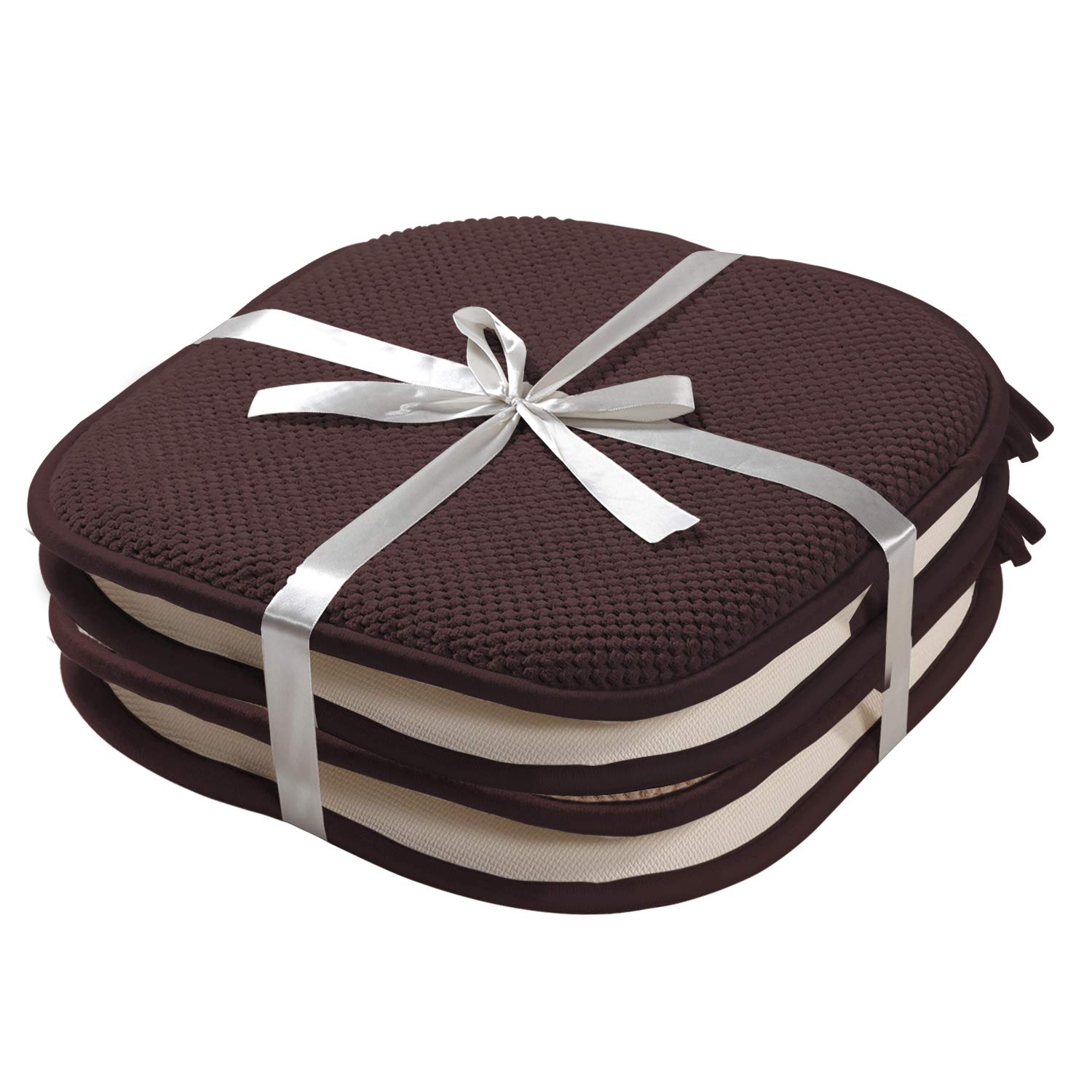 Set Of 4 Non-Slip Memory Foam Dining Chair Cushions – Square, Dark Brown, With Ties, Indoor Use