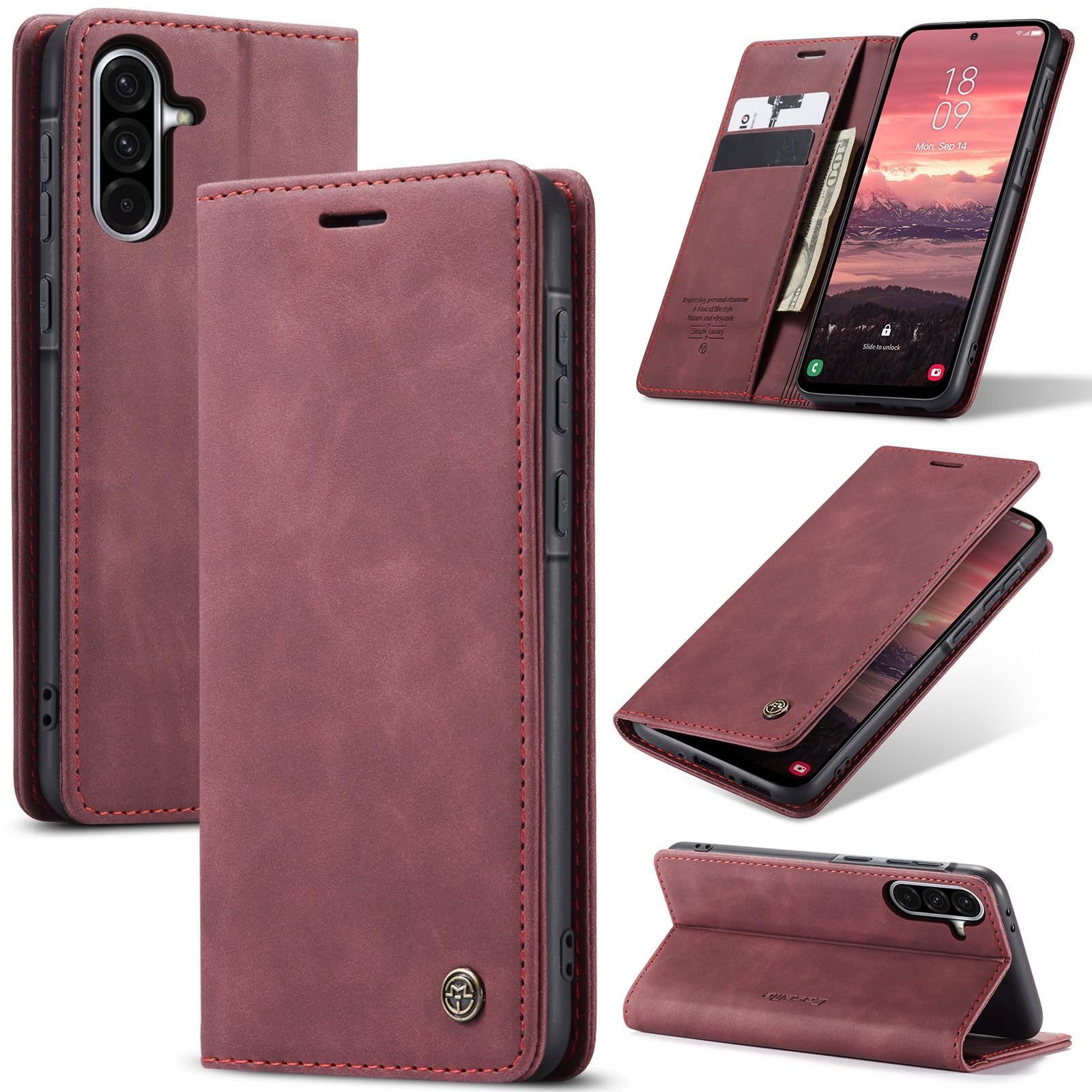 Samokor Cover per Samsung Galaxy A14 5G/4G Pelle Flip Custodia Cavalletto Portafoglio Magnetica Carta Fessura Antiurto per Samsung Galaxy A14,Vino Rosso