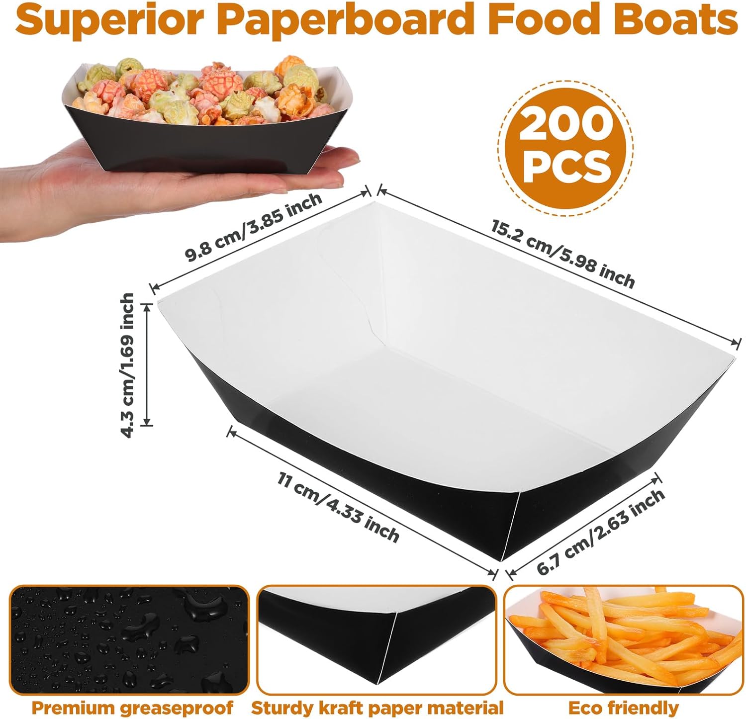 200 Pcs Disposable Paper Boats Food Trays Bulk Nacho Trays 2lb Black Paper Food Tray Disposable for Serving Tacos Nachos Hotdogs Fries Picnic Wedding Party Supplies