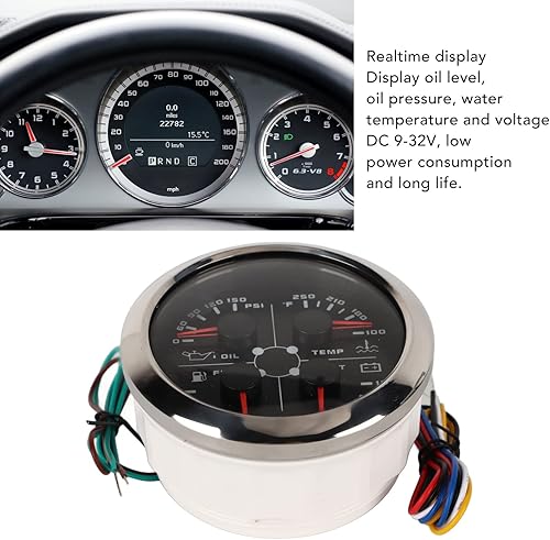 Miniatura 3 de Medidor multifunción 4 en 1, voltímetro de 3.346 in, nivel de combustible, presión de aceite, medidor de temperatura del agua, impermeable DC 9 a 32