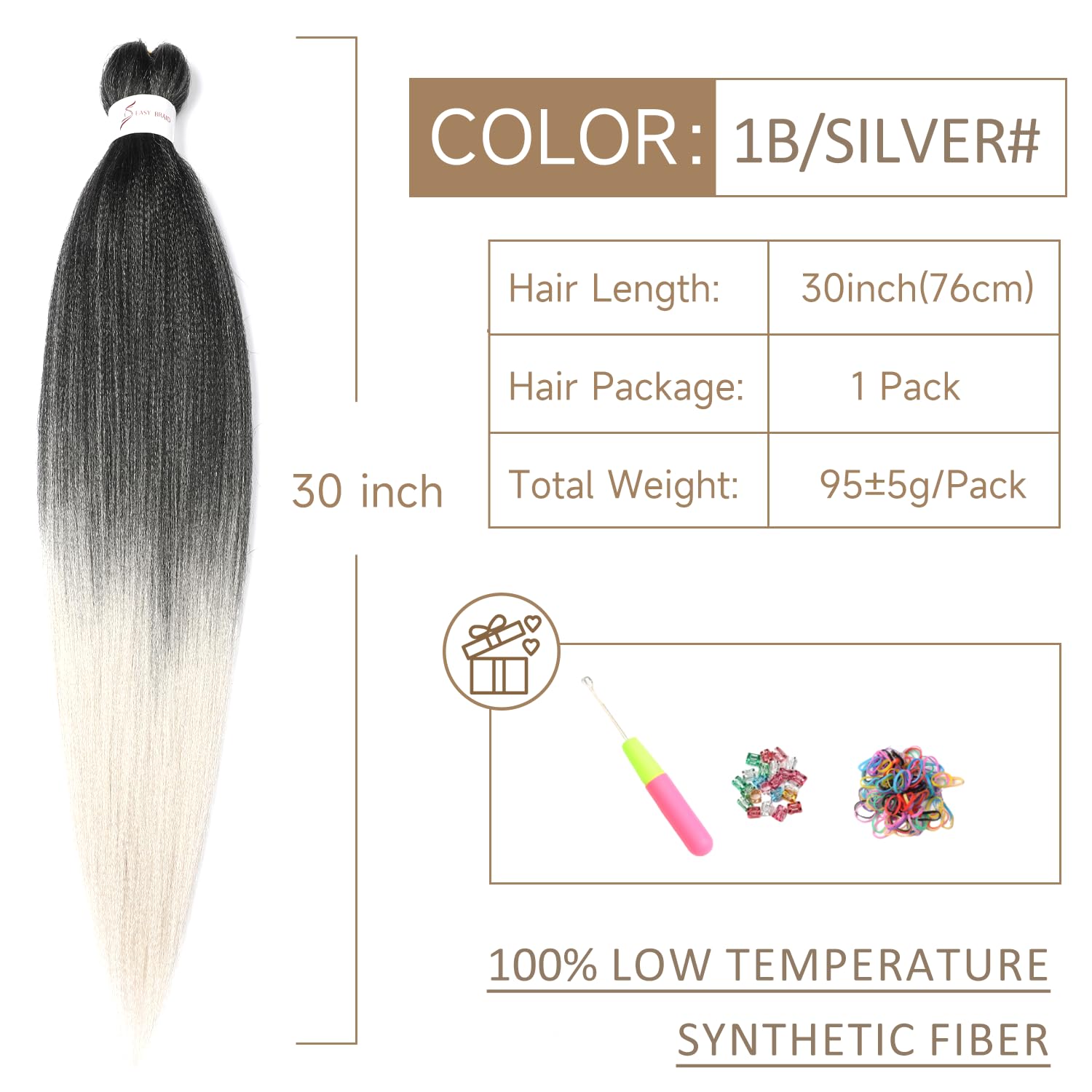 Pre-Stretched Braiding Hair ShowJarlly Soft Free Synthetic Fiber Corchet Braids Natural Black 1Pack/Lot Knotless Braiding Extensions Hot Water Setting Braiding Hair(30inch,1B/Silver#) - Image 2