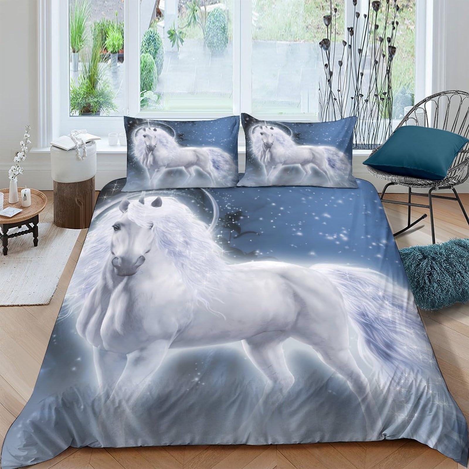 GPLZQXKJNH 3D Printed White Unicorn Duvet Cover Microfiber Soft Breathable Fantasy Forest Bedding Set with 2 Pillowcases for Bedroom Decor Single（135x200cm）