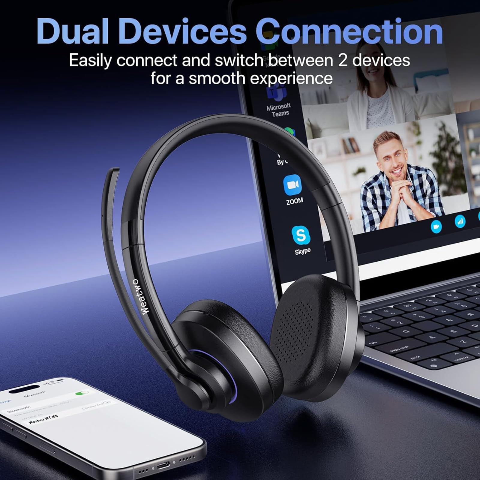 Cuffie wireless classe 1 V5.1 Bluetooth con doppio microfono CVC8.0 con cancellazione del rumore, cuffie wireless per telefoni cellulari, PC, squadre, zoom, casa, ufficio, 30 ore di conversazione