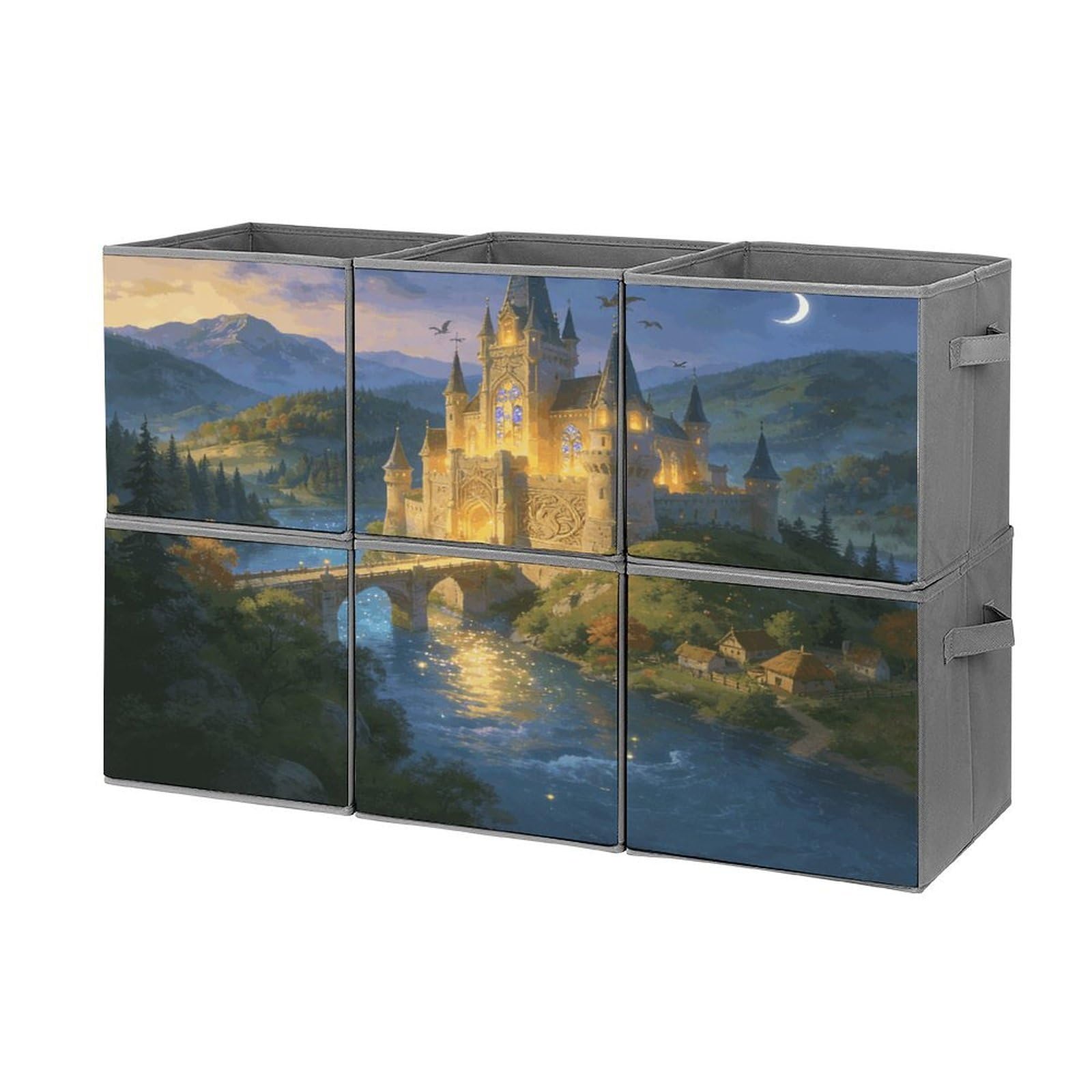 Fodpand Style Fantasy Castle Cube Bins With Double Handles,Set Of 6 Cube Organizer, Stackable And Foldable Storage Bins For Organization, Closet, Shelves, Offices